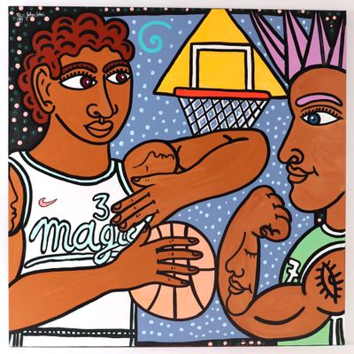 une image représentant un tableau où l'on voit un homme et une femme tenant un ballon de basket
