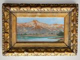 une peinture à l'huile représentant une scène de montagne avec un lac au premier plan