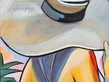 a painting of a woman wearing a hat and holding a cell phone