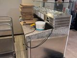 une photo d'un comptoir sur lequel sont posées plusieurs pizzas