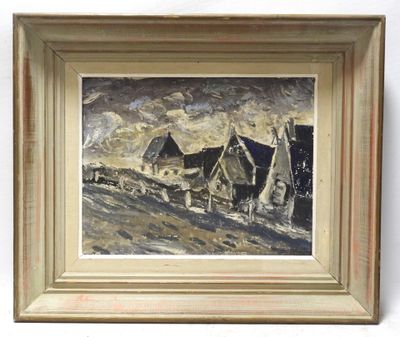 an oil painting of a farm scene with a horse drawn carriage