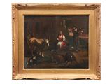 an image of a painting of a group of people and animals in a wooded setting
