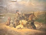 a painting of a man with a dog and a bunch of dogs