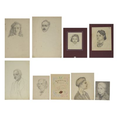 several drawings of people are shown in a row on a white surface