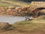 a watercolor painting of a bridge over a river