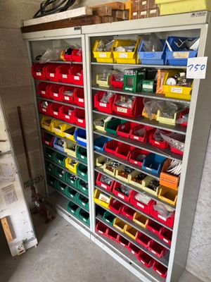 many bins on the shelves in the garage