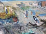a painting of a bulldozer and a bulldozer in a field