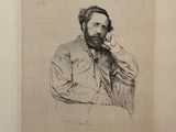 drawing of a man with a beard sitting in a chair with his hand on his chin