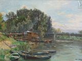 un tableau représentant une scène fluviale avec des bateaux sur l'eau