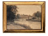 an old picture of a painting of a river with a bridge in the background