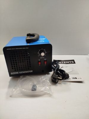 a close up of a blue and black machine on a white table