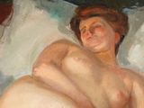 a painting of a nude woman laying down on a bed