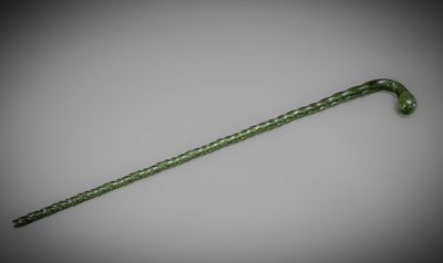 a close up of a green cane on a white surface