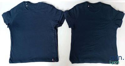 two t - shirts with zippers on the front and back of them