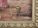 a painting of a woman in a pink dress with a bucket