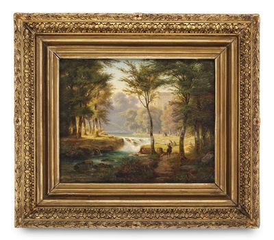 un tableau représentant une scène au bord d'une rivière, avec un homme et un chien au premier plan