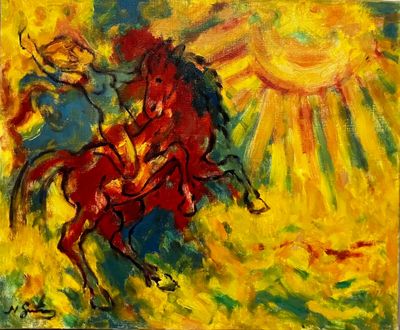 painting of a man riding a horse in a field with a sun in the background