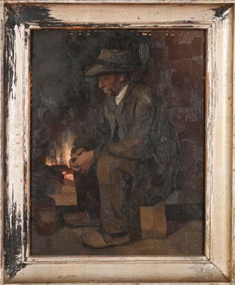 painting of a man sitting in front of a fire with a hat on