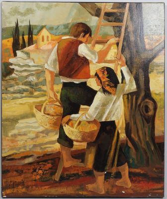 painting of a man and a woman hanging clothes on a clothes line