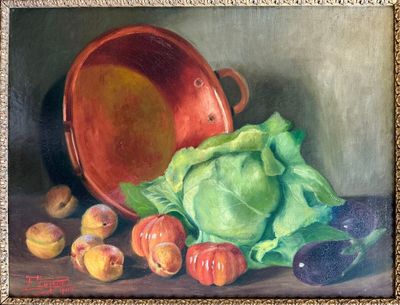 painting of a painting of a pot and vegetables on a table
