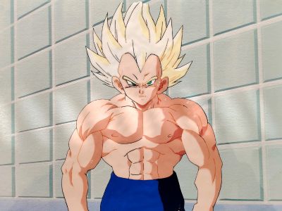 dragon ball gohan in blue trunks standing in front of a tiled wall
