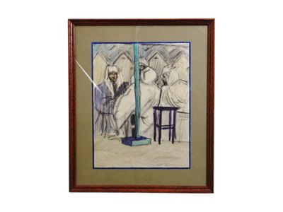 painting of a man and a woman sitting at a table in front of an umbrella