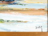 a picture of a painting of a beach with trees in the background