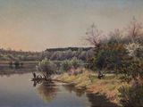 a painting of a river with a boat on it