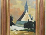 an oil painting of a church with a steeple in the background