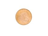 a close up of a penny on a white surface with a white background