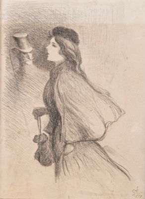 drawing of a woman in a long dress and hat looking at a mirror