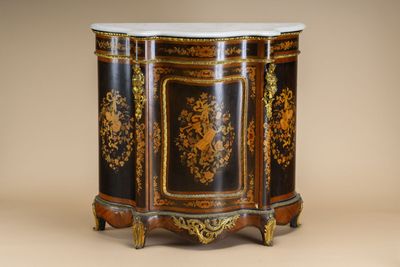a black and gold cabinet with a marble top