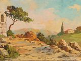 an image of a painting of a landscape with trees and a church