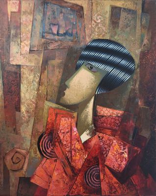 tableau représentant une femme en robe rouge et chapeau noir