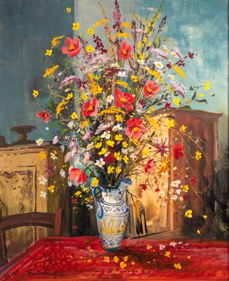 a painting of a vase of flowers on a table