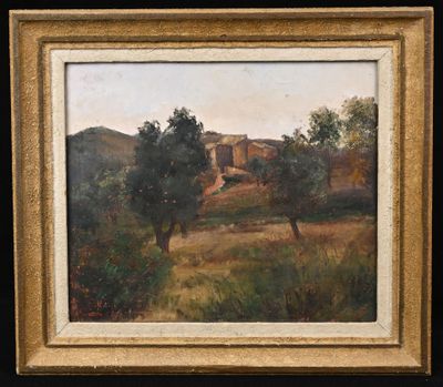 une peinture représentant un paysage avec des arbres et un bâtiment en arrière-plan