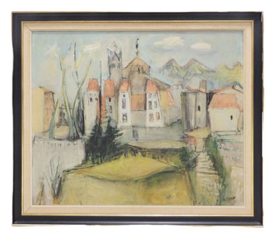 an image of a painting of a village with a church in the background
