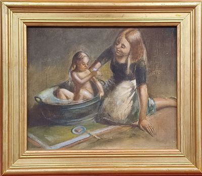 a painting of a woman washing a child in a bowl