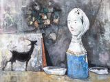a painting of a woman and a dog on a table