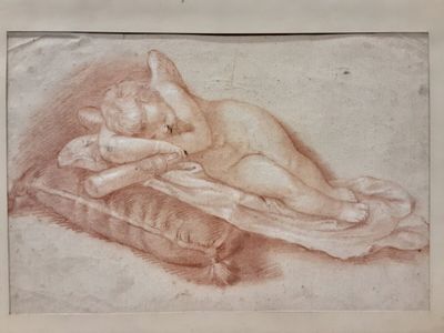 "Putto endormi". Sanguine rehauts de craie blanche.