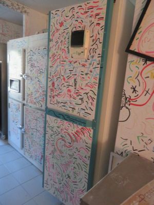 un réfrigérateur dont la paroi a été recouverte de graffitis