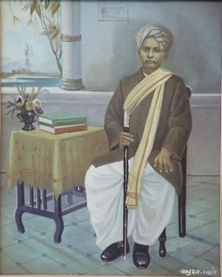 painting of a man sitting at a table with a book and a cane