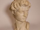 marble bust of a young man with curly hair on a white background