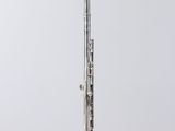 a silver flute sitting on top of a clear stand