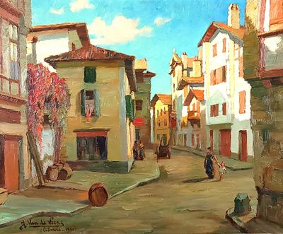 a painting of a street scene with people walking down it