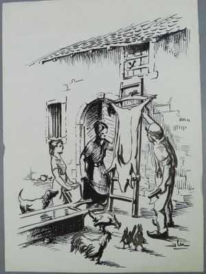 drawing of a man and a woman standing in front of a building