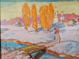 a painting of a woman walking across a bridge