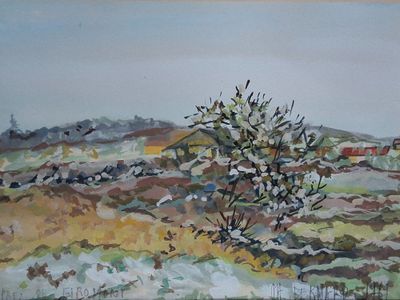 une peinture d'un arbre au milieu d'un champ