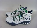 adidas basketball shoes with blue and green laces on the soles