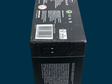 a black box with a label on it on a blue background